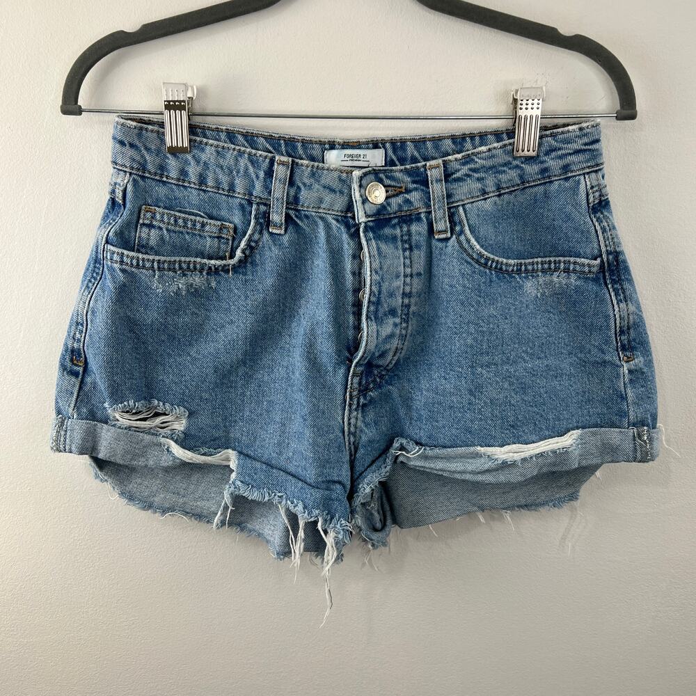 FOREVER 21 Medium Blue High Rise Button Fly Distressed Cuffed Denim Shorts 26